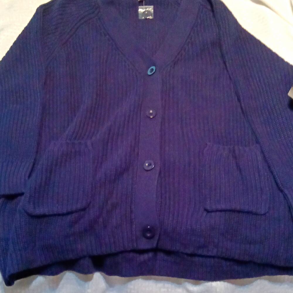 Woman Within Blue Rib Knit Button Front V-Neck Cardigan w/ Pockets 3X Plus